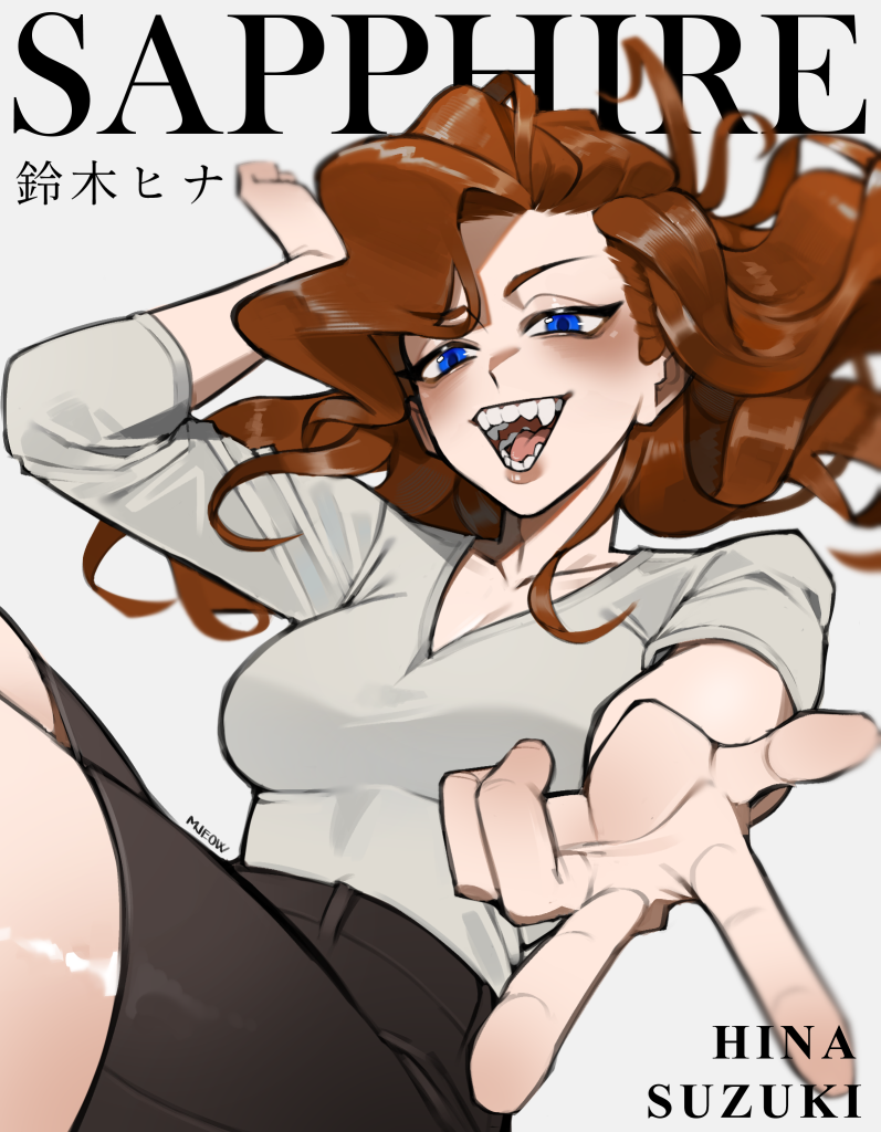 Hina poster. Hina floats tauntingly in front of the camera, flashing her fangs and extending a peace sign toward the camera. Art by grimmjeow