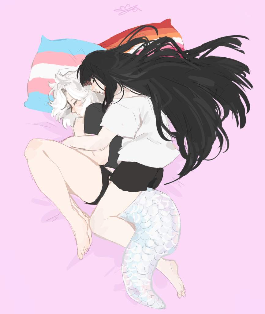 Alice + Amane ship art. Amane spoons Alice as they doze together. Alice has a trans flag pillow, Amane has a lesbian flag one. Art by cloudyaa