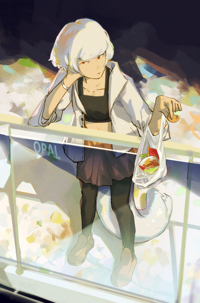 Alice leans over the penthouse's upper-level railing, lazily munching on potato chips. Her tail flicks behind her. Art by buttscord